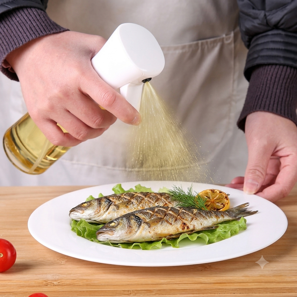 Push-Type Oil Spray Bottle 300ml – Refillable Cooking Oil Sprayer for Kitchen & Household Use.