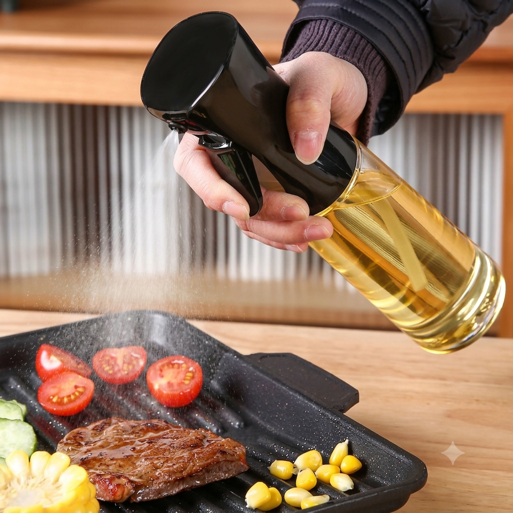 Push-Type Oil Spray Bottle 300ml – Refillable Cooking Oil Sprayer for Kitchen & Household Use.