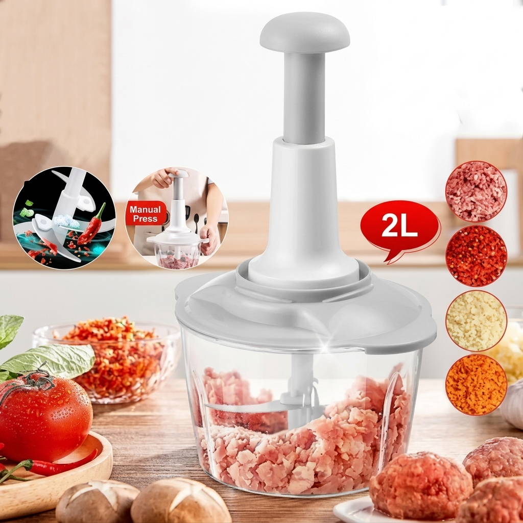 Manual Hand Chopper 2L – ABS Plastic Pull-Cord Food Processor for Meat, Vegetables & Fruits